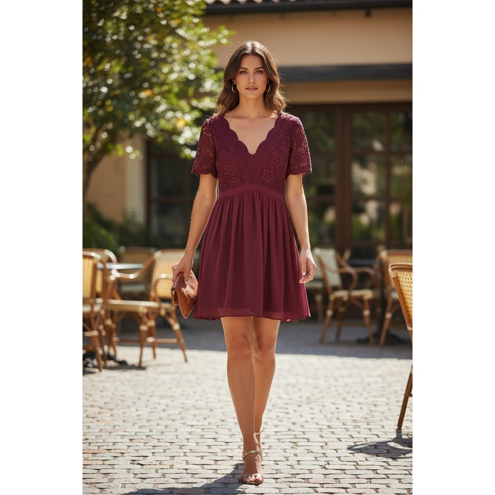 Lulus Size M Burgundy Lace Crochet Chiffon Mini Dress V-Neck Short Sleeve Maroon